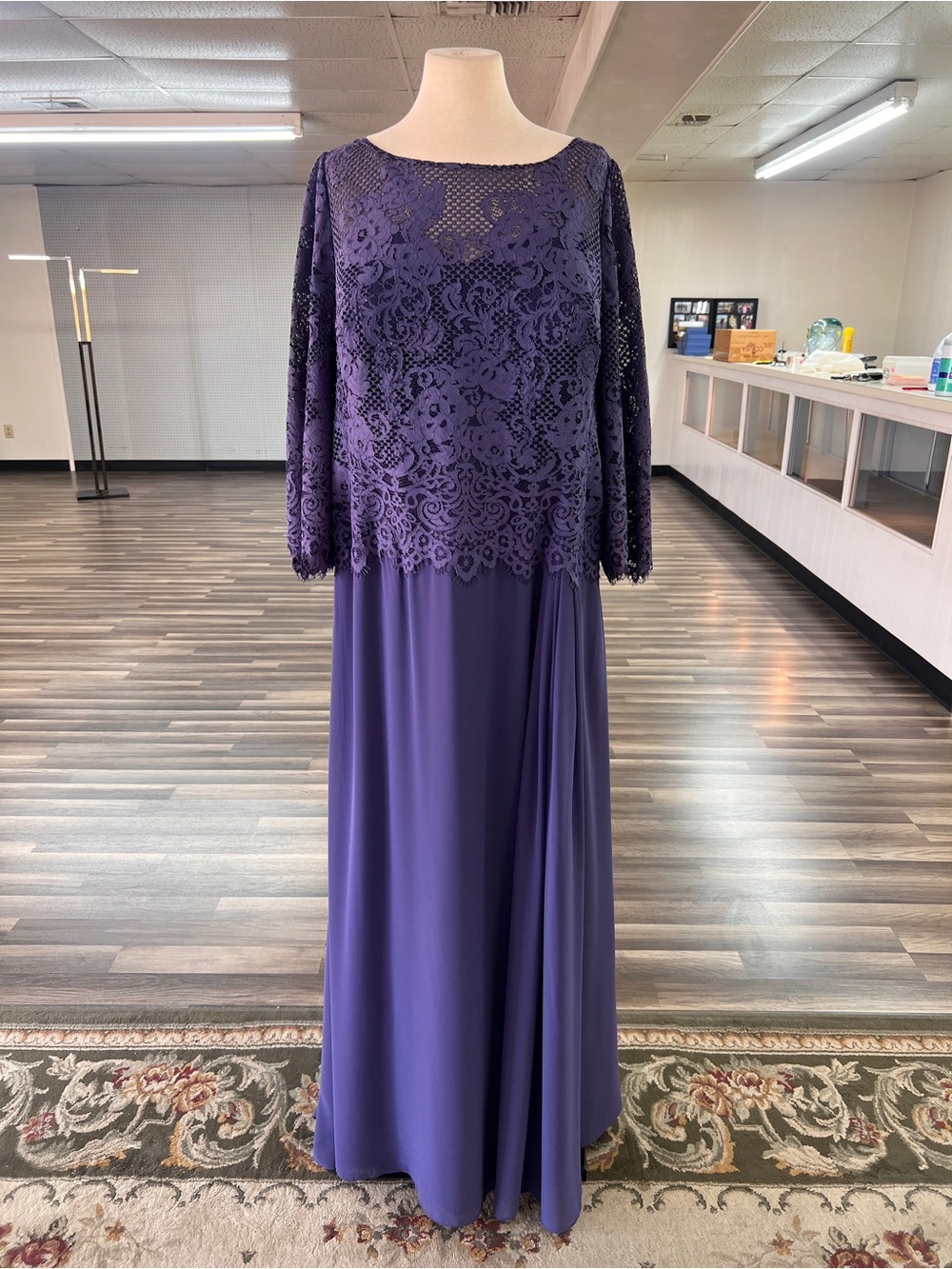 Purple Lace Overlay 3/4 Sleeve Evening Dress